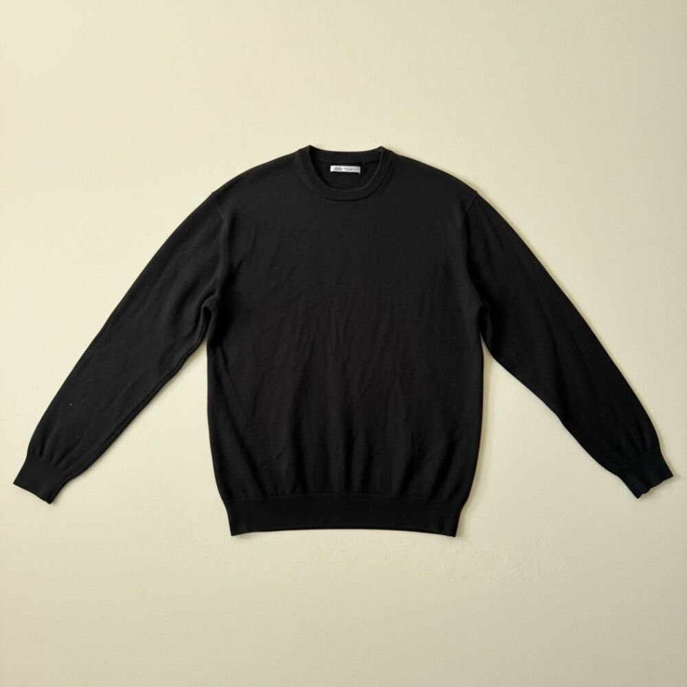 ZARA Men's L Black 50% Wool 50% Acrylic Crew Neck Pullover Sweater